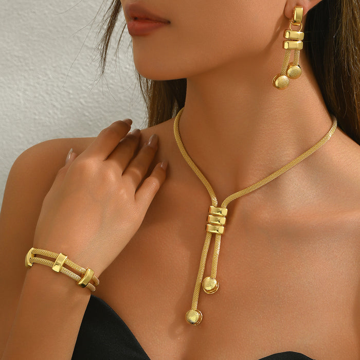 Wholesale 18K electroplated long geometric tassel necklace, earrings, and bracelet set - wallojewerly 