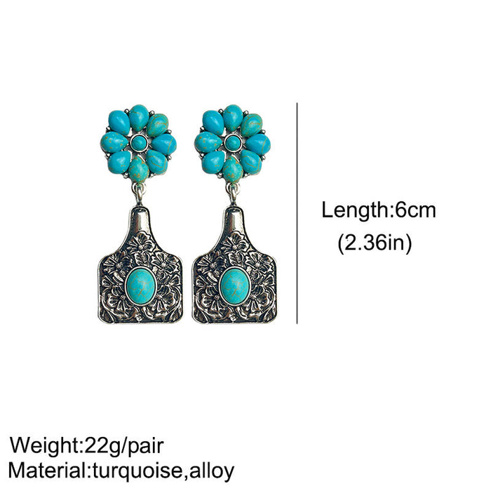 Vintage Ethnic Turquoise Flower Earrings with Bull Tag and Alloy Design