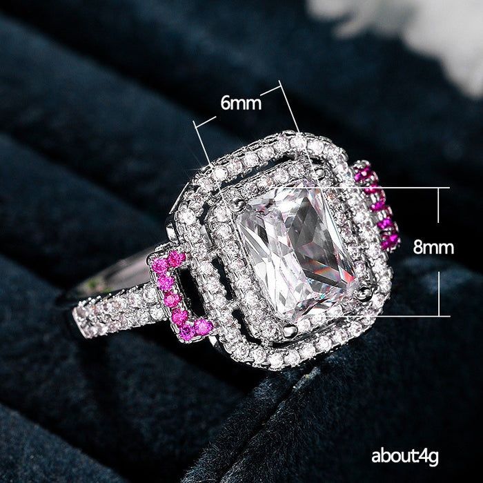 Pink diamond square princess ring European and American fashion engagement proposal