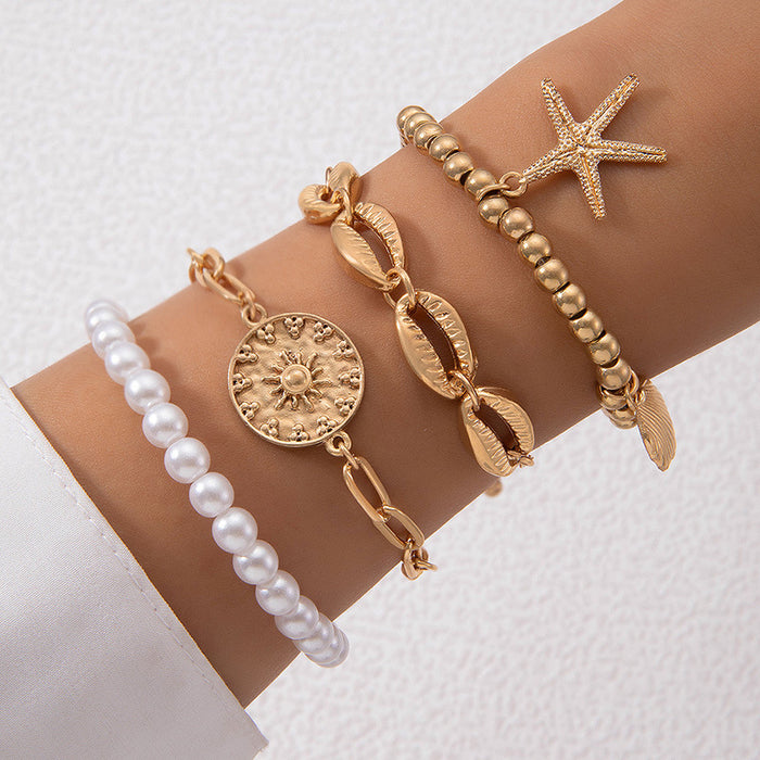 Beach Pearl Shell Starfish Bracelet Set - Four-Piece Multi-Layered Women’s Jewelry