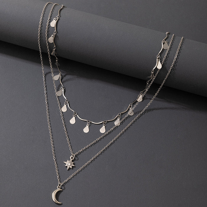 Metal Water Drop Star Moon Three-Layer Necklace with Exaggerated Multi-Layer Clavicle Chain