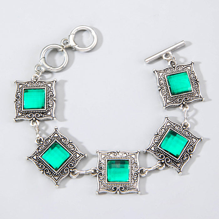 Pulsera retro con piedras preciosas verdes: joyería de lujo sencilla de una sola capa