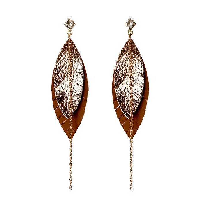 Multi-Layer Leather Earrings with Morandi Colors and Feather Chain Design