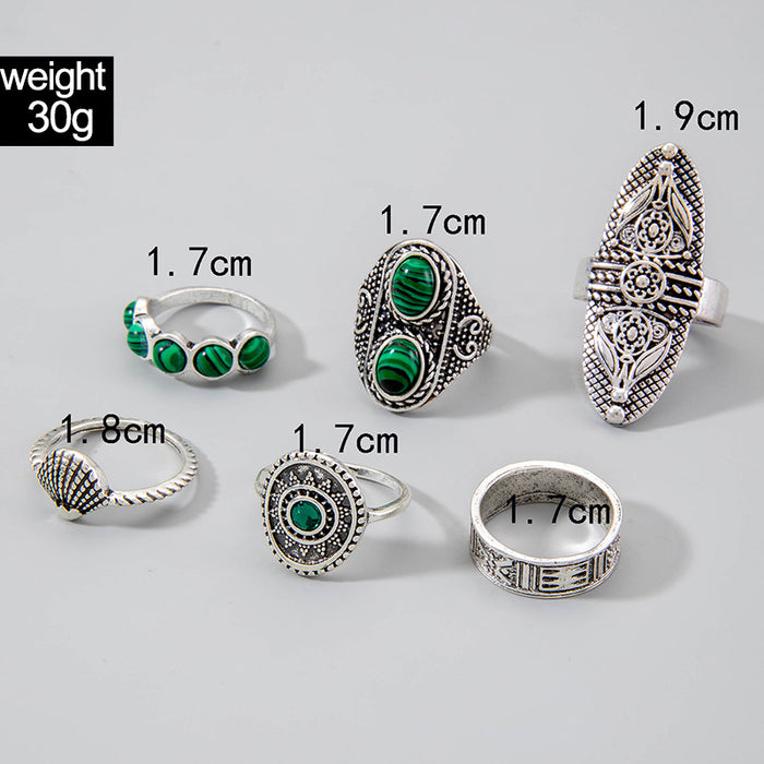 Ethnic Turquoise Ring Set - 6pcs Vintage Totem Fan Rings