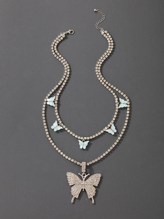 Diamond Butterfly Double Layer Necklace with Imitation Mother of Pearl Multi-Layer Design