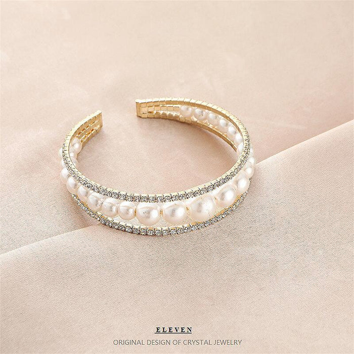 Korean Fashion Crystal Bracelet - Versatile Open Cuff with Faux Pearls, Stylish and Elegant