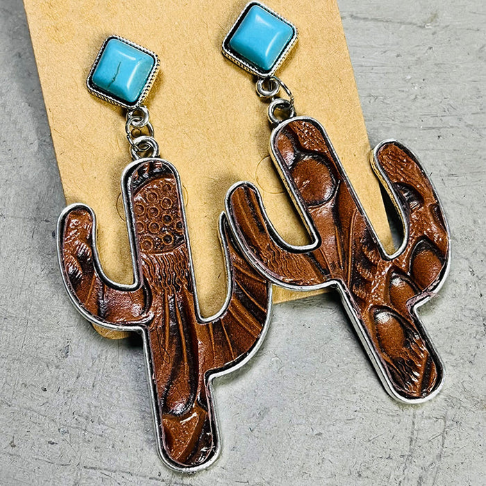 Vintage Cactus Leather Earrings with Turquoise Design