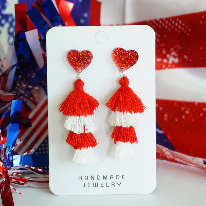 Independence Day Multi-Layer Tassel Heart Earrings with Cheerleader Design