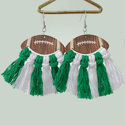 Sports Themed Woven Tassel Wooden Earrings for American Football Cheerleaders