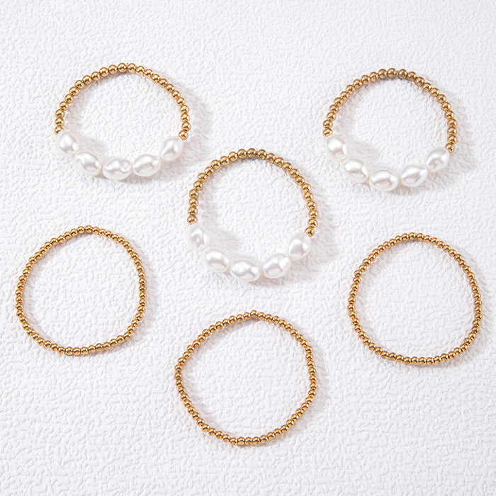 Minimalist Geometric Pearl Bracelet Set - Six-Piece Metal Bangle Stack