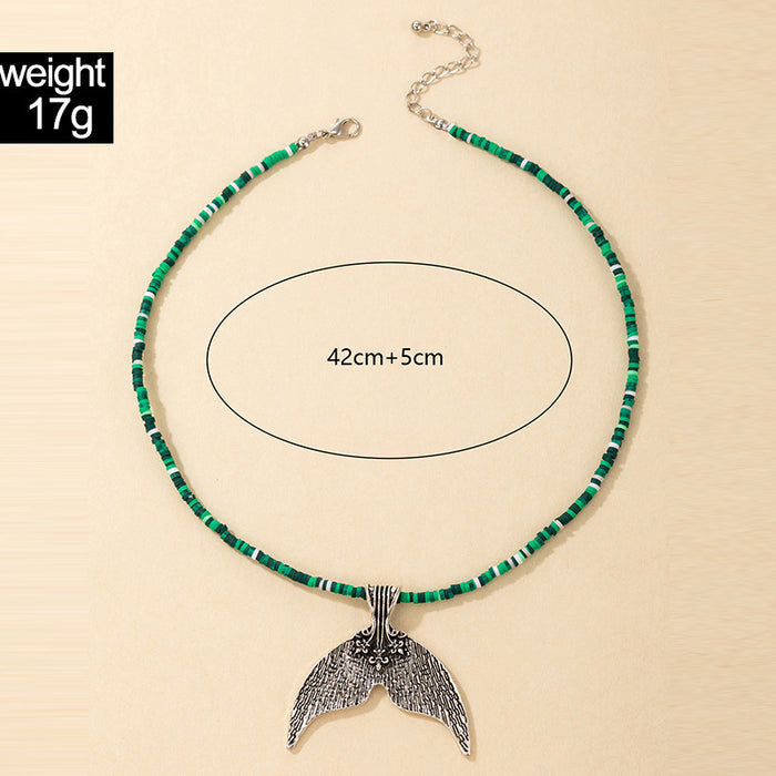 Ethnic Fish Tail Pendant Necklace with Resin Round Disc Choker Design