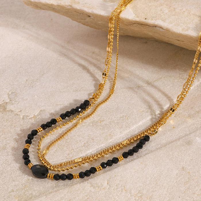 Black crystal natural stone multi-layer necklace, European and American stainless steel light luxury design