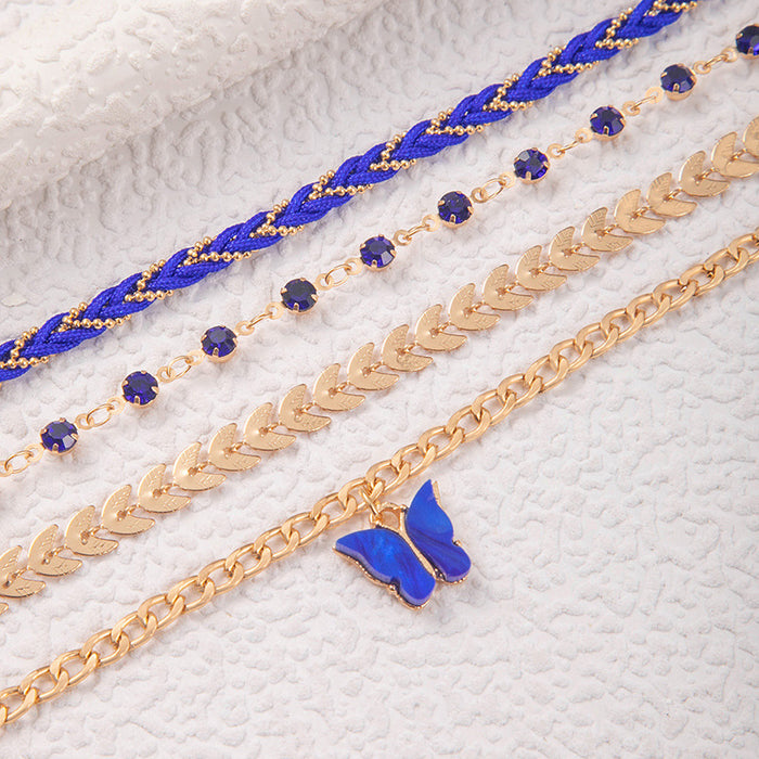 Blue Rhinestone Woven Rope Anklet Set - Multilayer Boho Jewelry