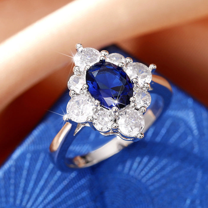 Light luxury royal blue zircon ring egg-shaped luxury encircled ladies ring