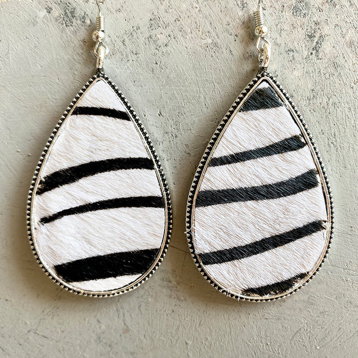 Textured Cowhide Leather Earrings with Leopard Print and Western Style