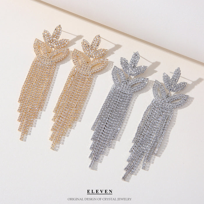 Leaf-Shaped Rhinestone Earrings - Sparkling Tassel Jewelry for a Sophisticated Look