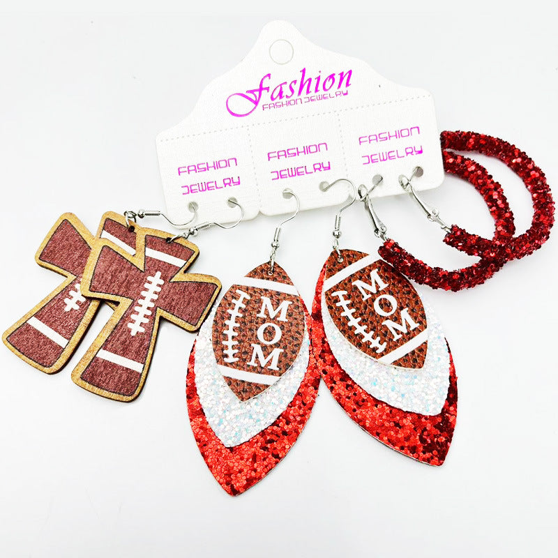 Football Mom Leather Earring Set with Cross and Glitter Hoop Design