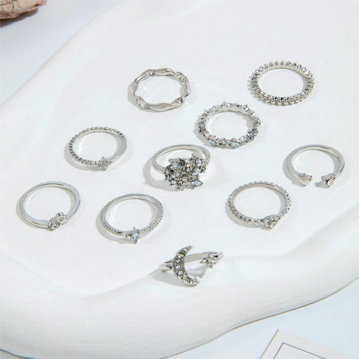 Nuevo conjunto de anillos de diamantes con forma de estrella y luna: anillos creativos con forma de corazón y flor en forma de gota de agua, colección de 10 piezas