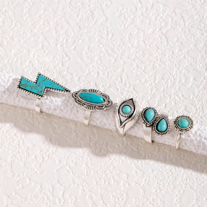 Bohemian Turquoise Lightning Ring Set - 5-Piece Vintage Eye Rings