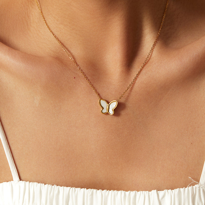 14K Gold-Plated Butterfly Pendant Necklace with White Shell - Women's Fashion Jewelry