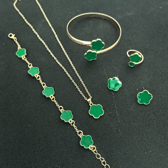 Wholesale 5-piece set of five-petal flower necklace, bracelet, bangle, earrings, and ring - wallojewerly 