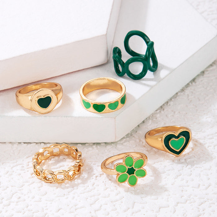 Juego de seis piezas de anillos con gotas de aceite de amor verde, juego de combinación de flores geométricas