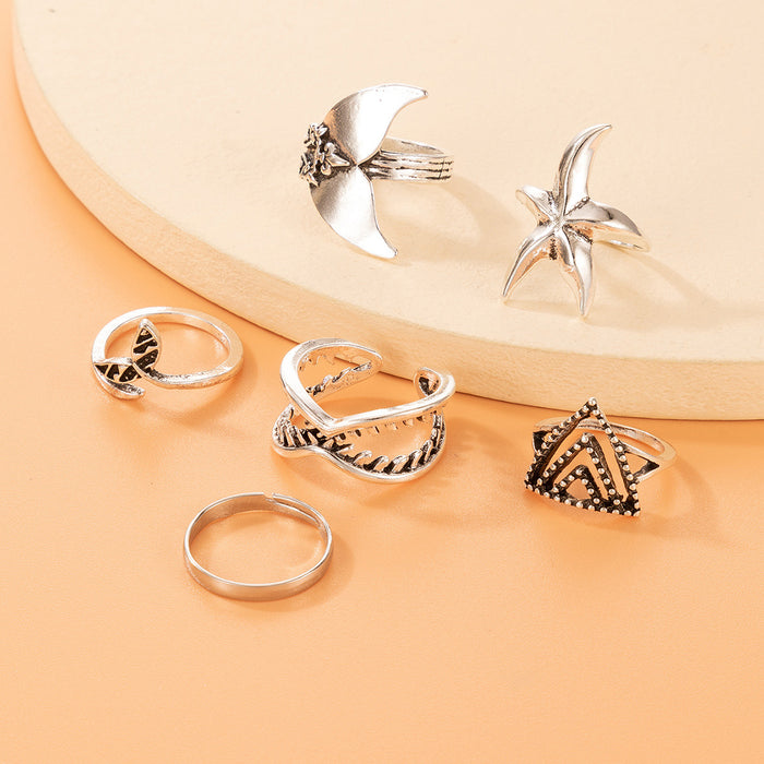 Ocean style starfish fishtail octopus multi-piece ring, geometric animal ring six-piece set