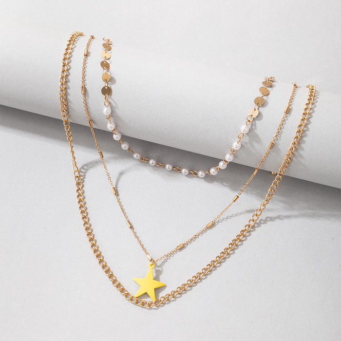 Yellow Painted Star Triple-Layer Necklace - Pearl Geometric Round Piece Multilayer Choker