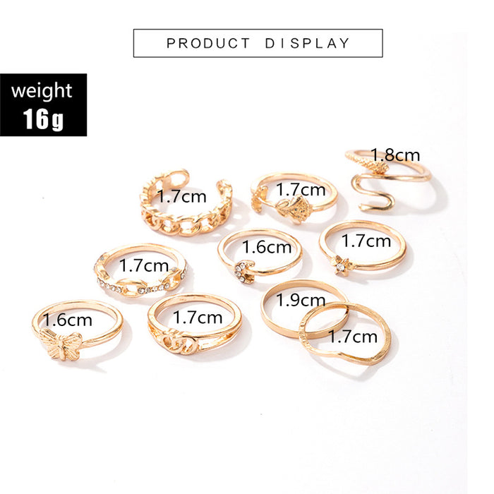 Chain Diamond Moon Butterfly Love Ring 10-piece Set