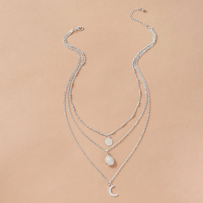 Imitation Jade Inlaid Three-Layer Necklace with Crescent Moon and Disc Design