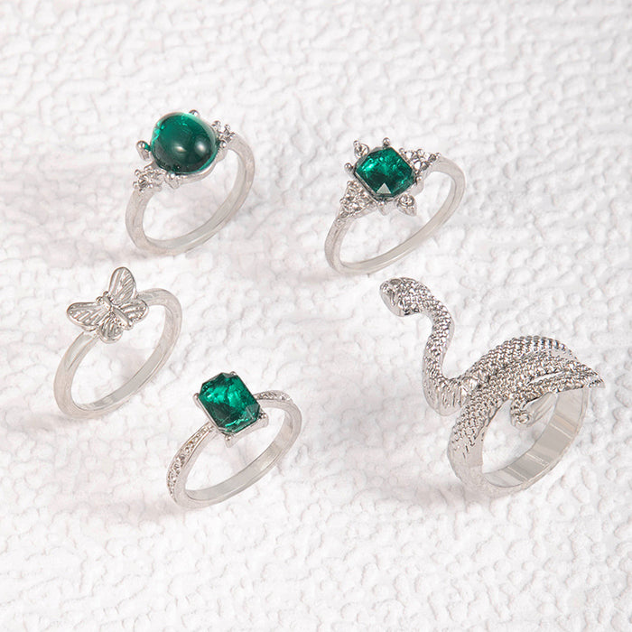 Green Diamond Butterfly Animal Snake Five-Piece Ring Set