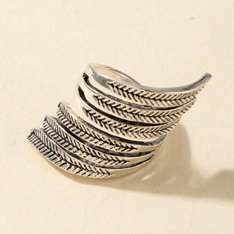 Punk style leaf feather mesh vintage single ring