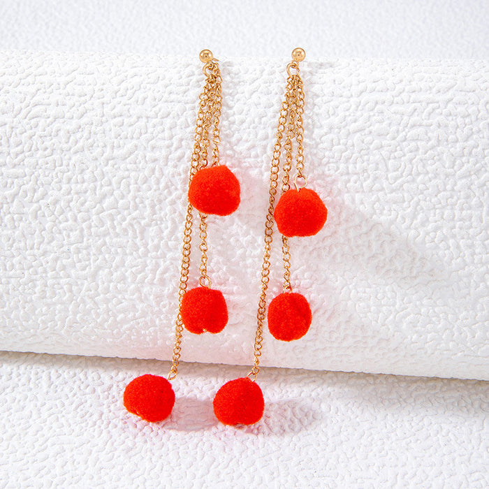 Retro red tassel wool ball earrings autumn and winter velvet ball earrings