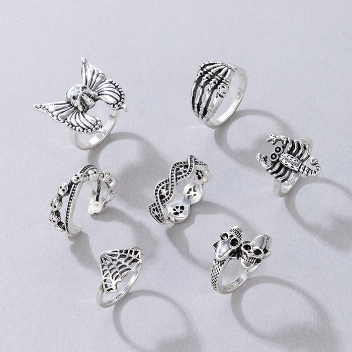 Vintage Layered Ring Set - 7-Piece Butterfly and Skull Rings