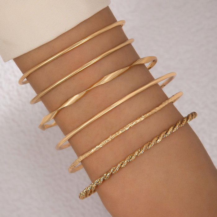 Minimalist Gold Bangle Set - Six-Piece Twist and Plain Bracelet Jewelry