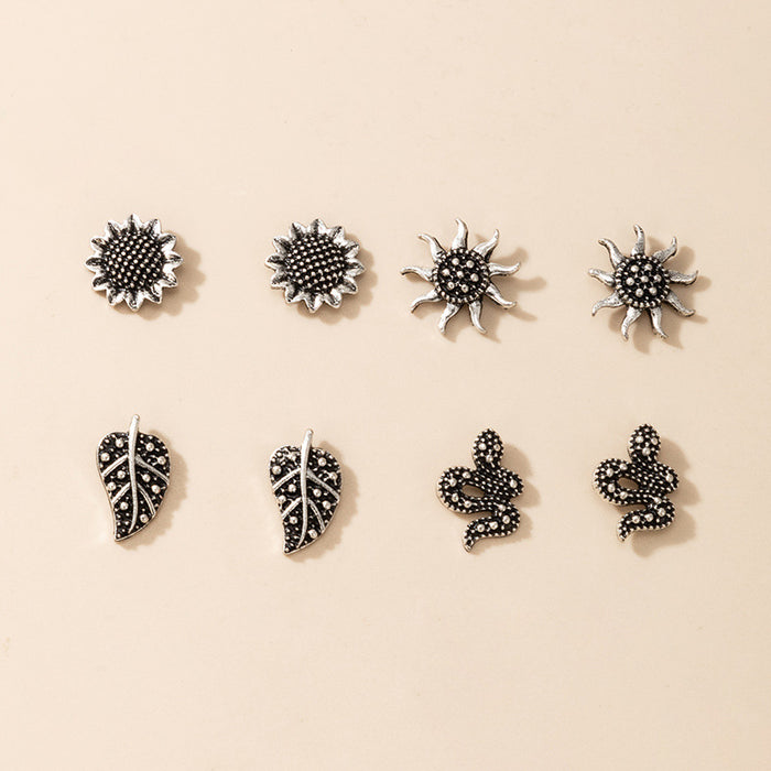 Bohemian ethnic style sunflower snake leaf earrings four-piece set