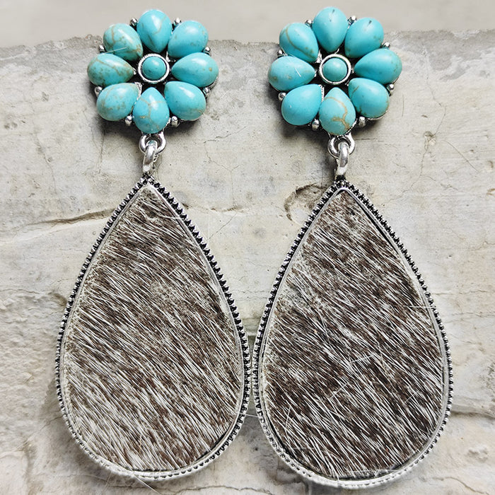 Western Animal Print Leather Earrings with Bohemian Style and Turquoise Pumpkin Flower Design