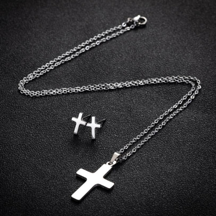 Cross geometric earring necklace set, ins style hip-hop retro stainless steel jewelry wholesale