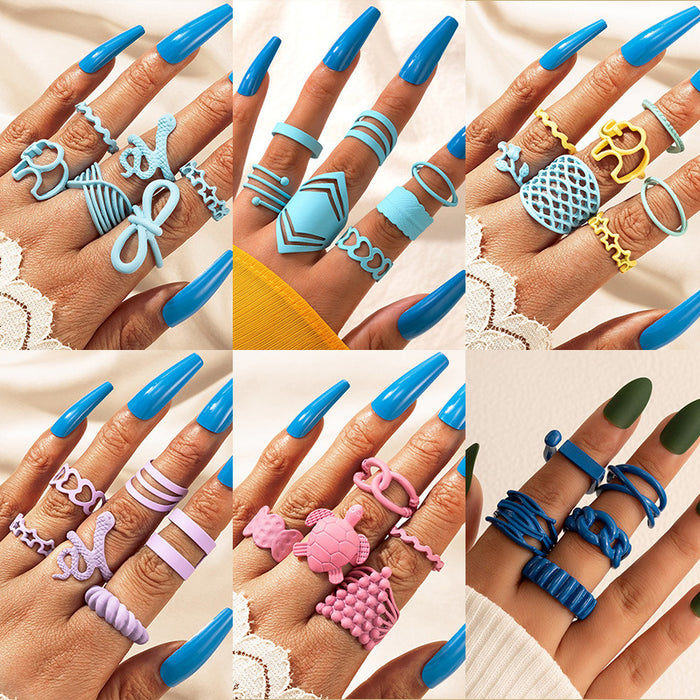 Colorful Snake Ring Set - 6-Piece Star and Animal Rings for Women