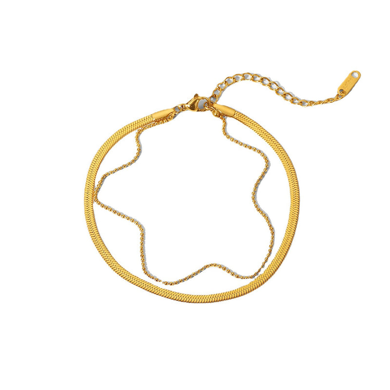 French Style Titanium Steel Anklet - 18K Gold Polished Blade Chain and Snake Chain Double Layer Anklet - wallojewerly 