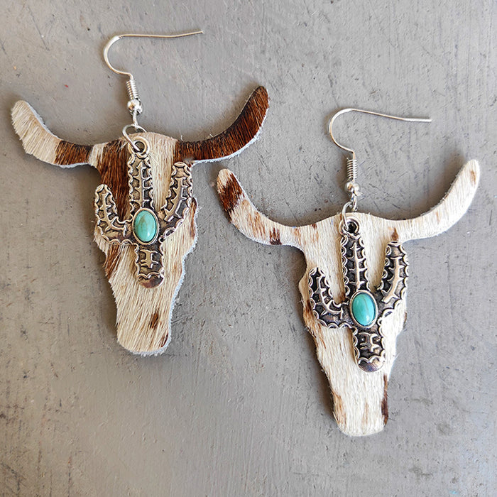 Classic Leopard Print Bullhead Earrings with Cowhide Leather and Cactus Design