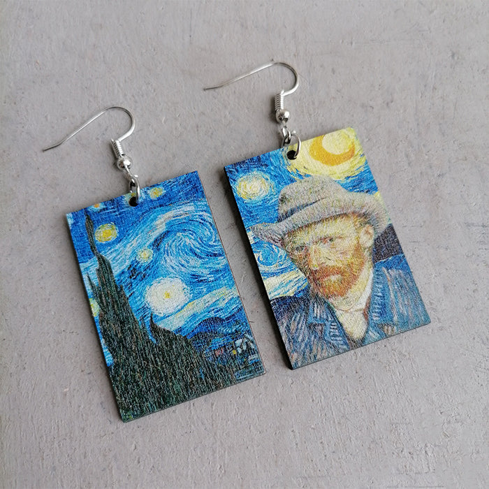 Artistic Asymmetric Earrings with Starry Night and Sunflower Designs