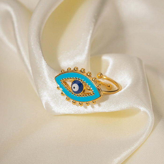 18K Gold Plated Stainless Steel Blue Enamel Evil Eye Ring - Fashionable and Tarnish-Resistant