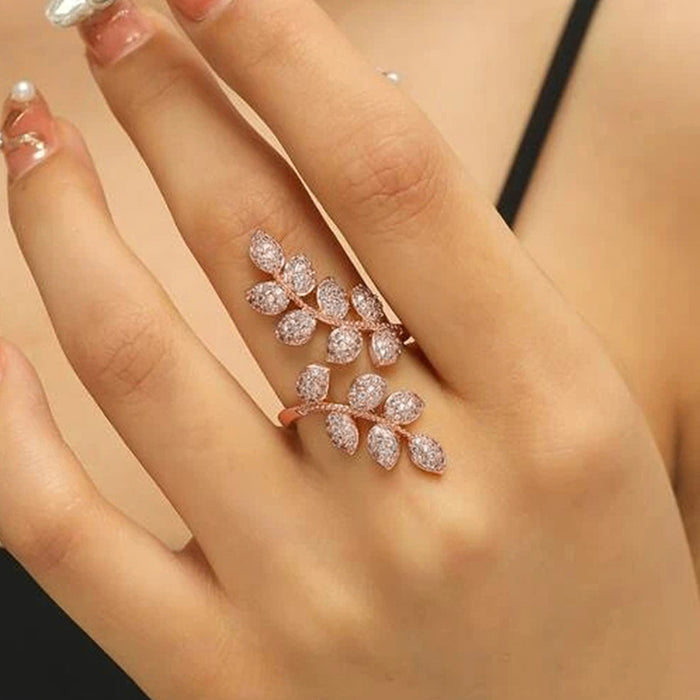 Leaf and wheat ear ring adjustable inlaid design ring - wallojewerly 
