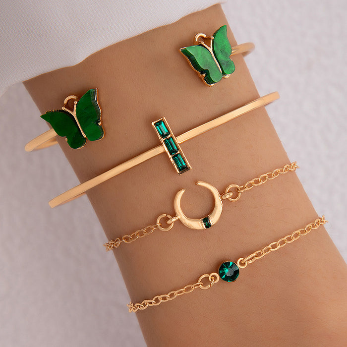 New Simple Metal Faux Emerald Bracelet - Heart Bracelet with Full Diamond Design