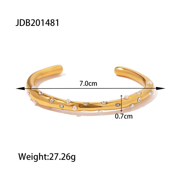 18K Gold Plated Stainless Steel Pearl and Zircon Cross Cuff Bracelet - Trendy Jewelry for Women