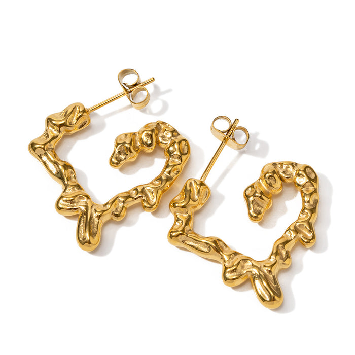 18K Gold Stainless Steel Lava Textured Heart Earrings - Non-Fading Jewelry for Women