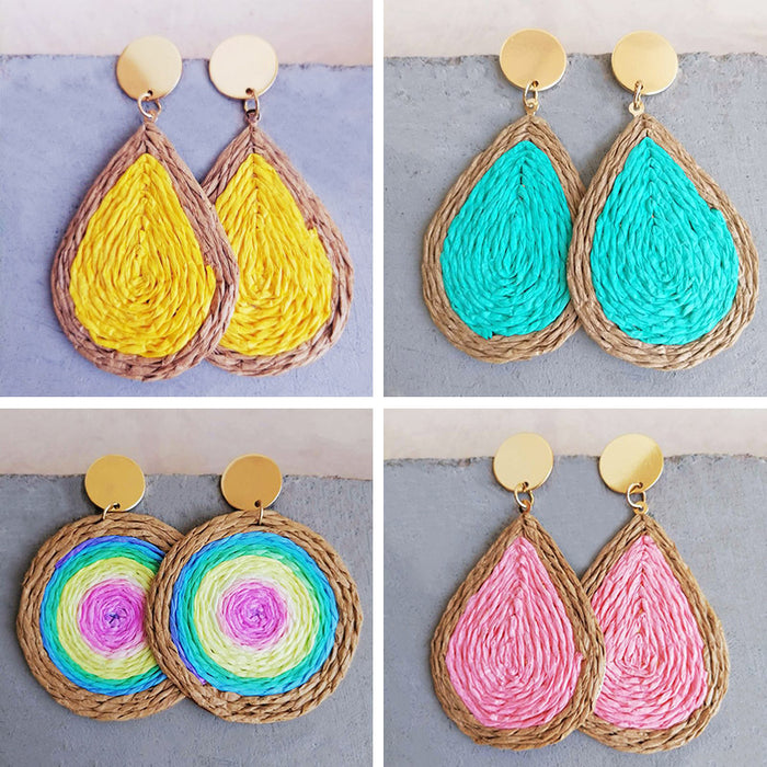 Handwoven Raffia Tassel Earrings in a Waterdrop Shape, Perfect for Colorful Summer Vacations