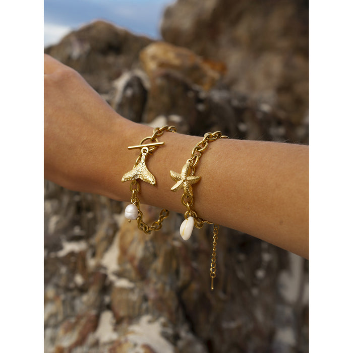 18K Gold Plated Stainless Steel Starfish, Shell, and Conch Bracelet - 2024 Summer Ocean Series Jewelry