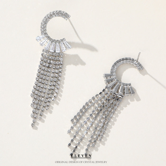 Korean C-Letter Zircon Earrings - Full Rhinestone Tassel Dangles for a Sophisticated Look